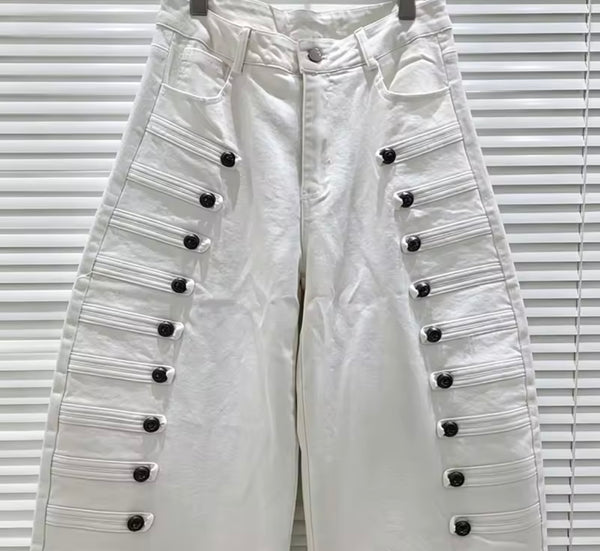 Women Fashion Metal Button Patchwork Denim Pants