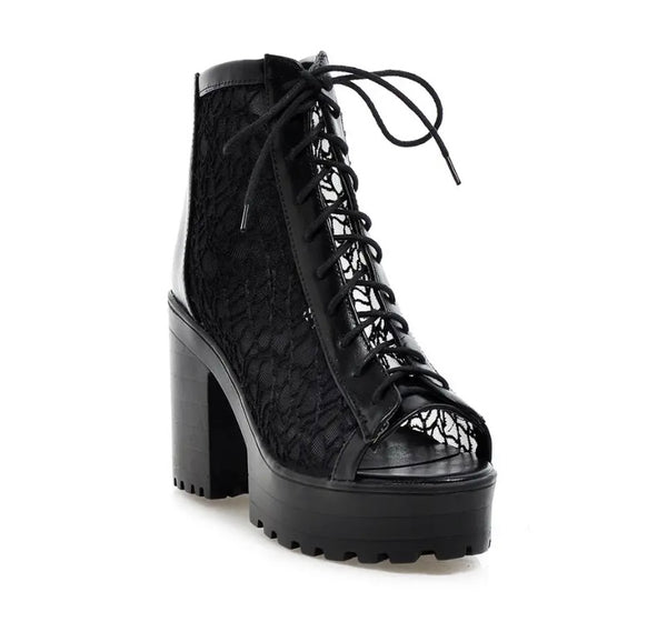 Women Fashion Open Toe Lace Platform Tie Up Ankle Boots