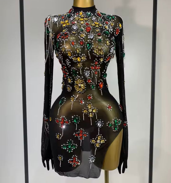 Women Sexy Black Color Crystal Full Sleeve Glove Mesh Dress