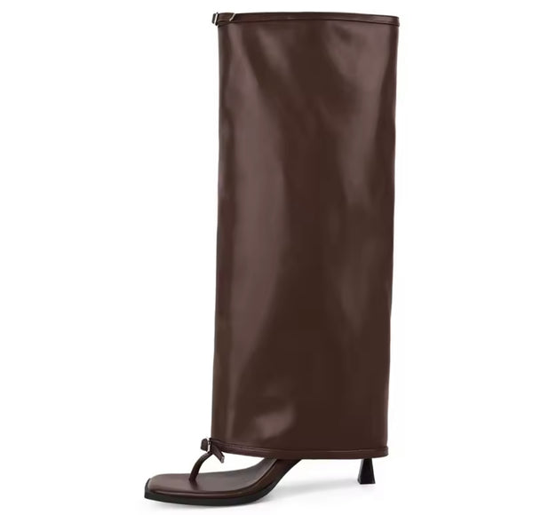 Women Fashion Open Toe Buckled Faux Leather Knee High Boots