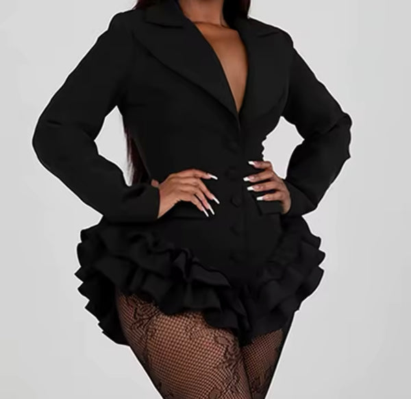 Women Sexy Black Ruffled Full Sleeve Blazer Romper