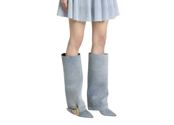 Women Fashion Gold Buckled Pointed Toe Knee High Boots