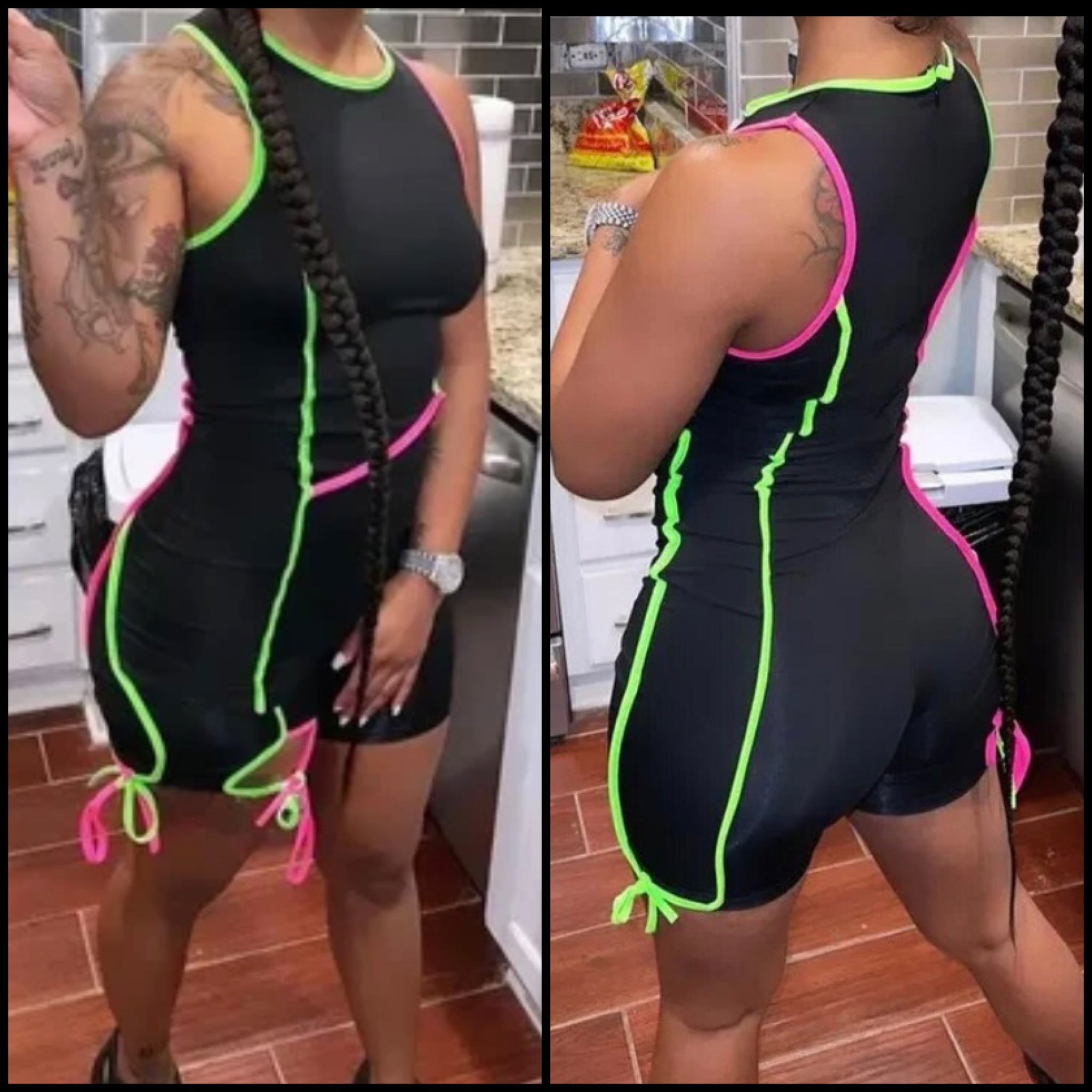 Women Sexy Fashion Sleeveless Black Neon Tie Up Romper