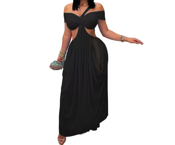 Women Sexy Off The Shoulder Cut Out Draped Maxi Dress