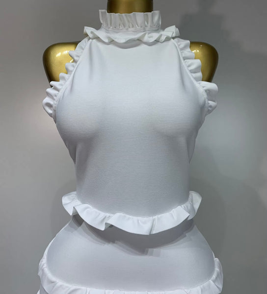 Women White Sexy Sleeveless Open Back Bandage Ruffled Dress
