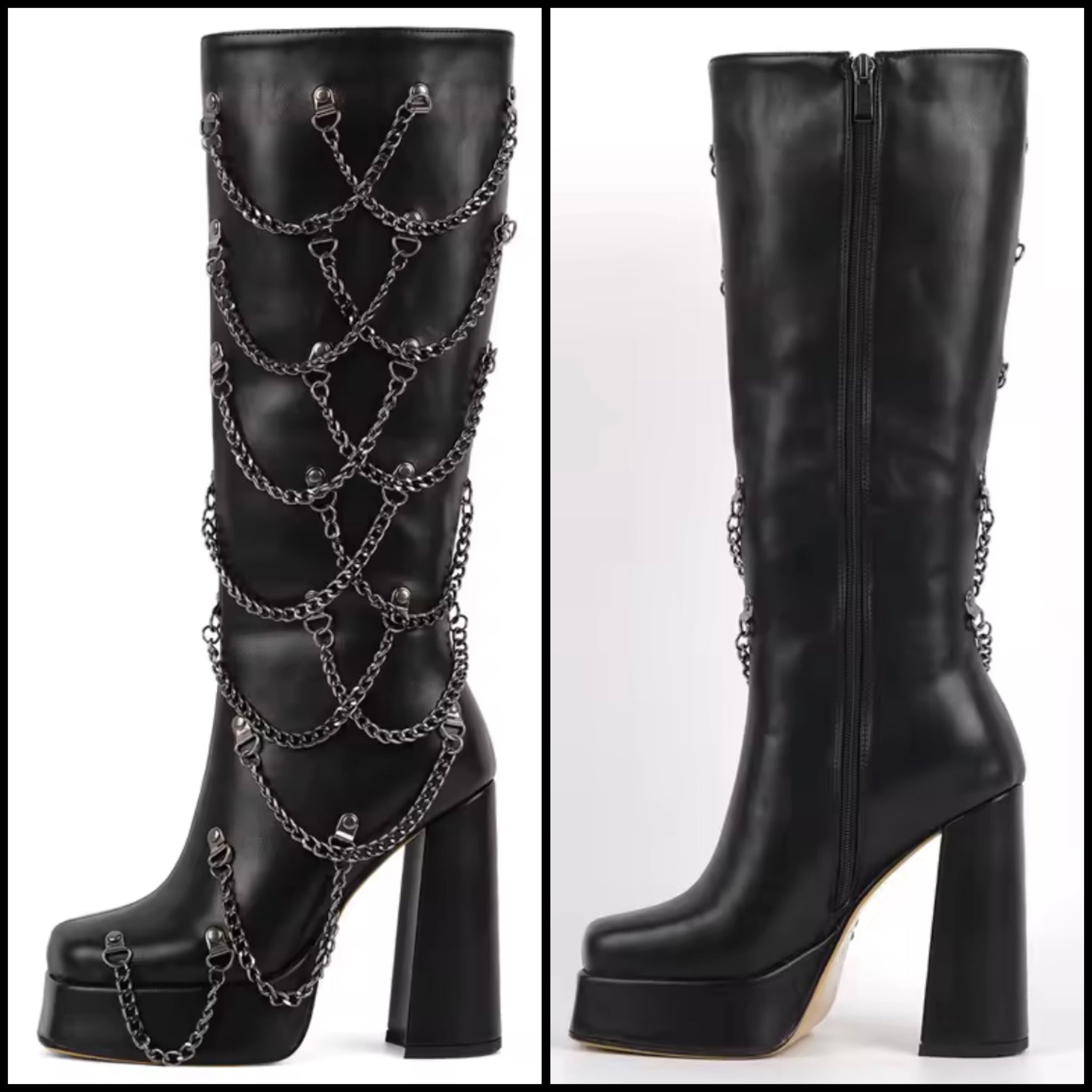 Women Fashion Black Chain Platform Knee High Boots