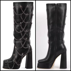 Women Fashion Black Chain Platform Knee High Boots