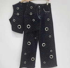 Women Fashion Black Bling Metal Ring Vest Two Piece Denim Pant Set