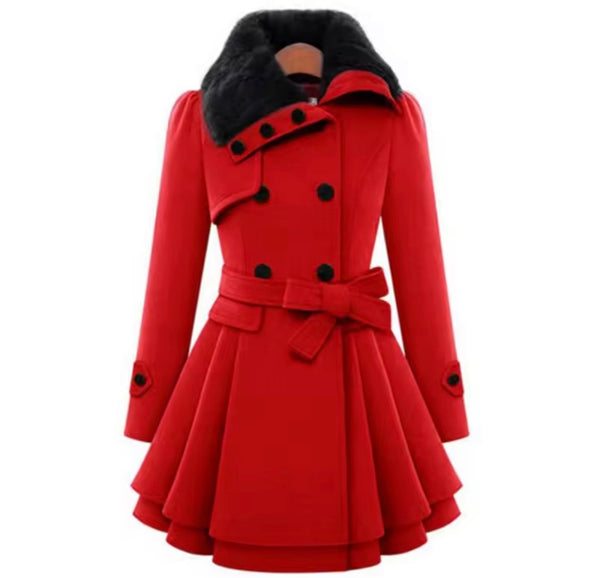 Women Fashion Fur Collar Button Up Ruffled Jacket