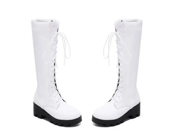 Women Fashion Faux Leather Lace Up Platform Knee High Boots