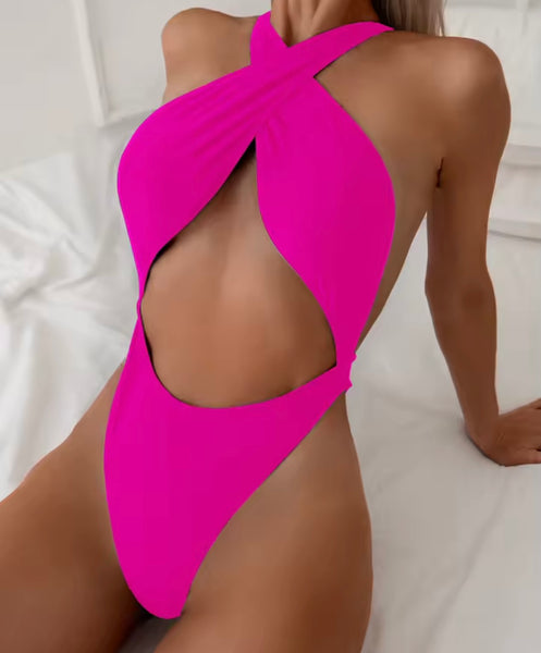 Women Sexy Solid Color Halter Hollow Out Swimsuit