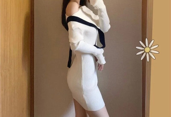 Women Off The Shoulder Ribbed Full Sleeve B&W Dress