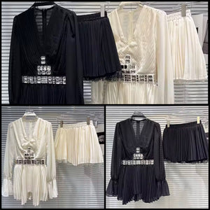 Women Sexy Crystal Chiffon Ruffle Full Sleeve Two Piece Pleated Skirt Set