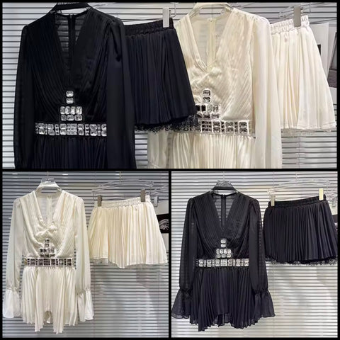 Women Sexy Crystal Chiffon Ruffle Full Sleeve Two Piece Pleated Skirt Set