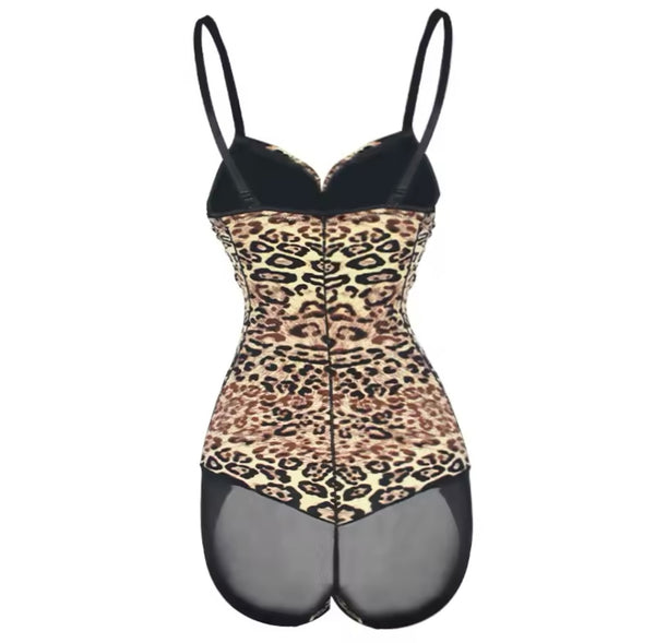 Women Sexy Sleeveless Leopard Mesh Bodysuit Lingerie