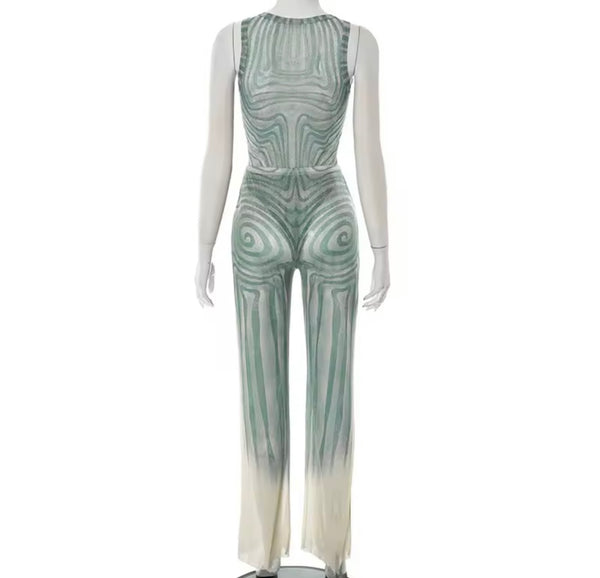 Women Sexy Sleeveless Printed Mesh Bodysuit Two Piece Pant Set
