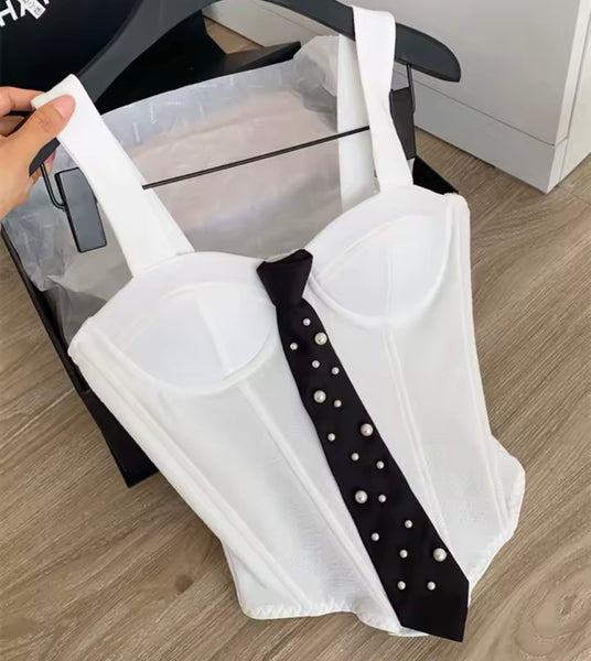 Women White Fashion Sleeveless Pearl Tie Tank Top