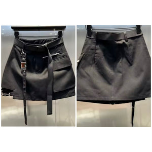 Women Black Pocket Zipper Fashion Buckled Skirt