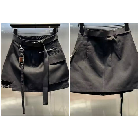 Women Black Pocket Zipper Fashion Buckled Skirt