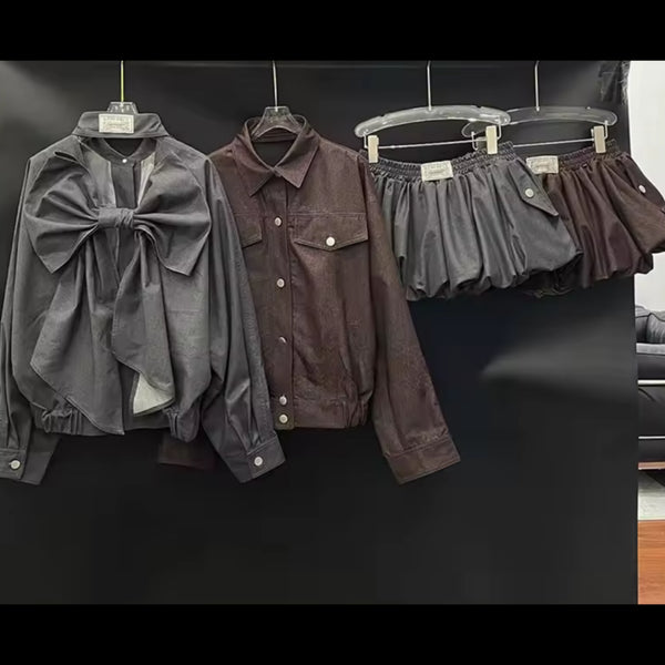 Women Fashion Button Up Bow Full Sleeve Two Piece Skirt Set