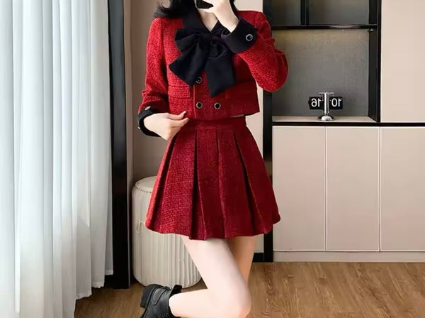 Women Red Bow Button Up Full Sleeve Two Piece Pleated Skirt Set