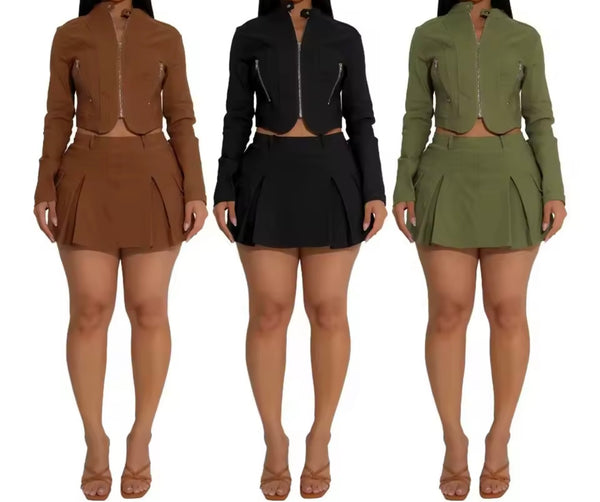 Women Zip Up Full Sleeve Fashion Two Piece Pleated Skirt Set