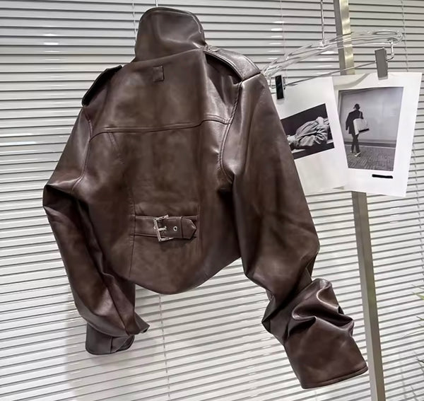 Women Fashion Brown Faux Leather Jacket Two Piece Short Set