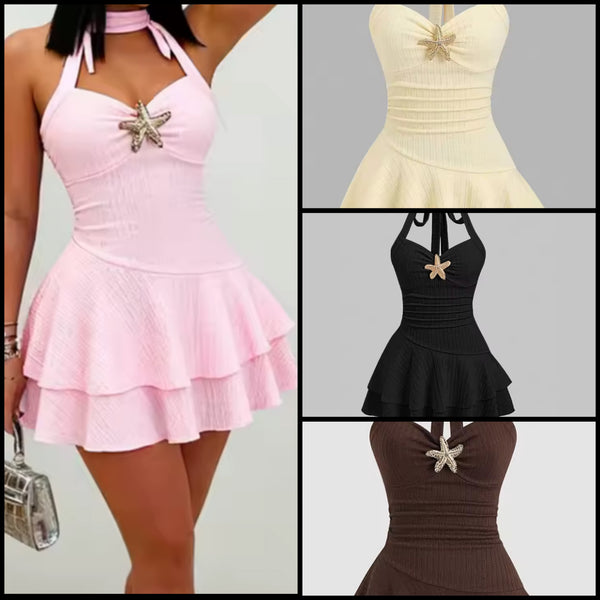 Women Sexy Halter Sleeveless Starfish Ruffle Dress