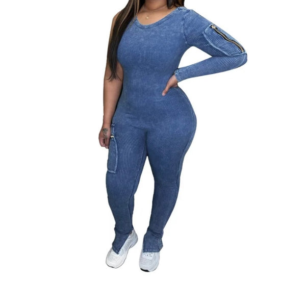 Women Fashion One Shoulder Full Sleeve Pocket Ribbed Jumpsuit