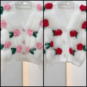 Women Fashion 3D Floral Furry Button Up Sweater Top