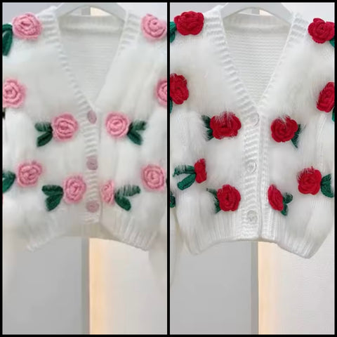 Women Fashion 3D Floral Furry Button Up Sweater Top