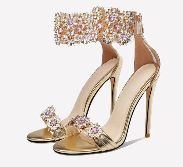 Women Fashion Open Toe Crystal Rhinestone Ankle Strap Sandals