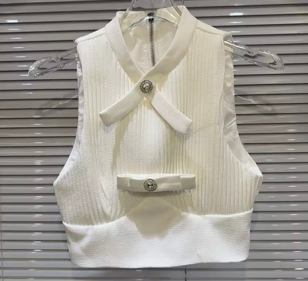 Women Button Bow Sleeveless Ribbed Sexy Two Piece Skirt Set
