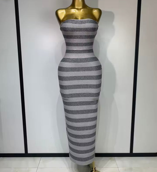Women Sexy Strapless Gray Striped Bandage Maxi Dress