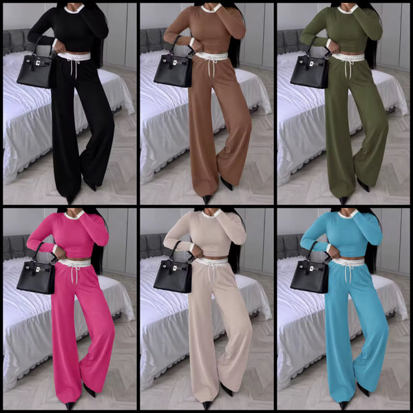 Women Fashion Color Patchwork Drawstring Two Piece Pant Set