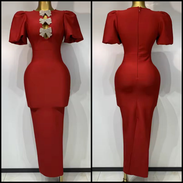 Women Red Bling Bow Short Sleeve Maxi Dress