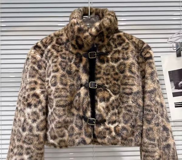 Women Fashion Leopard Print Faux Fur Jacket