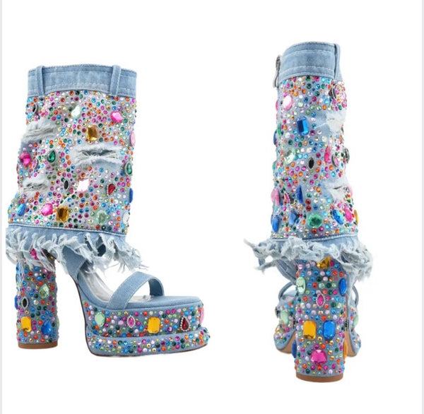 Women Fashion Open Toe Color Crystal Platform Denim Ankle Boots