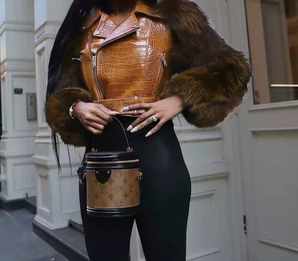 Women Fashion Faux Leather Fur Sleeve Buckled Jacket