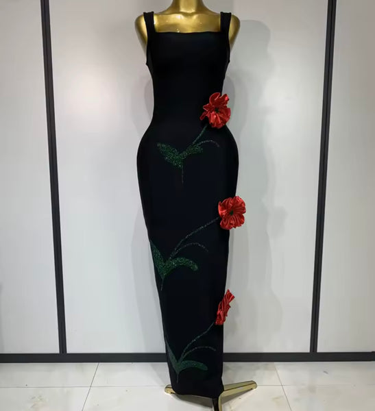 Women Sexy Black Sleeveless 3D Floral Maxi Dress