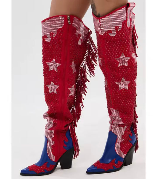 Women Color Patchwork Bling Fringe Star Knee High Western Boots