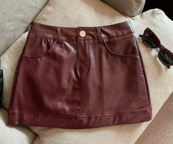 Women Sexy Fashion Color Faux Leather Skirt