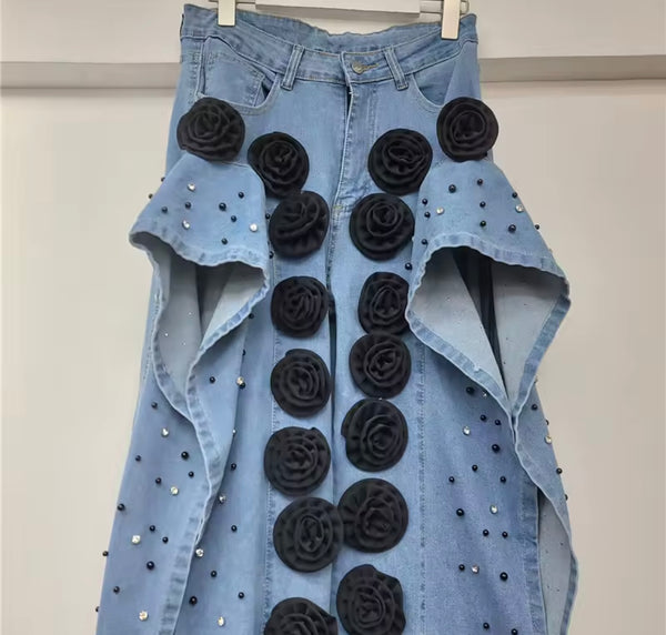 Women Fashion Beaded Bling Floral Split Denim Pants