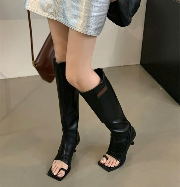 Women Fashion Faux Leather Open Toe Knee High Boots