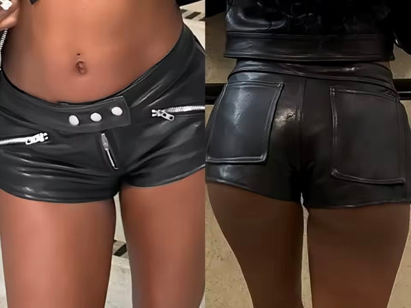 Women Black Zipper Faux Leather Fashion Shorts