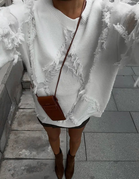 Women White Fashion Fringe Full Sleeve Sweater Top