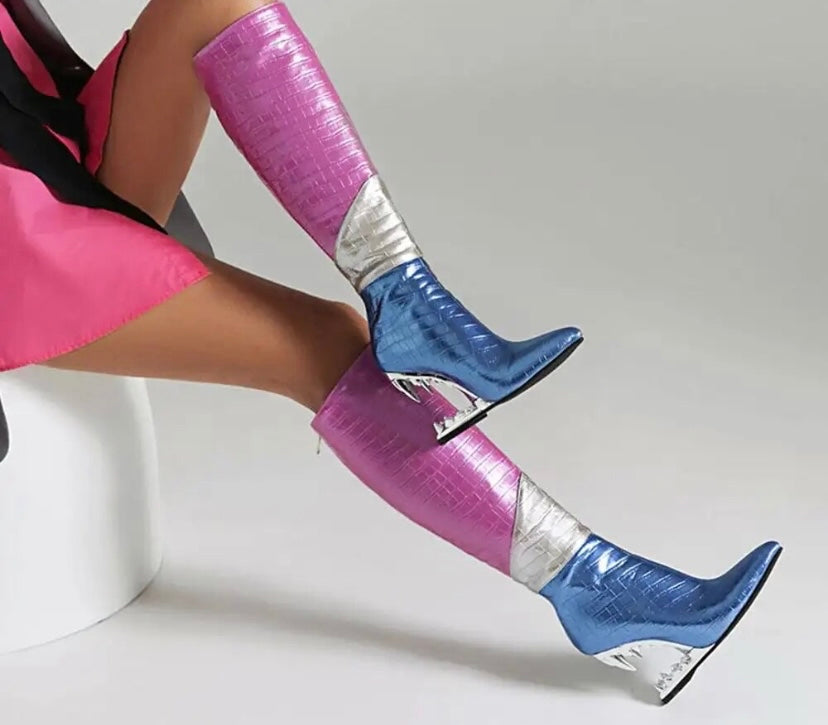 Women Fashion PU Multicolored Platform Wedge Knee High Boots