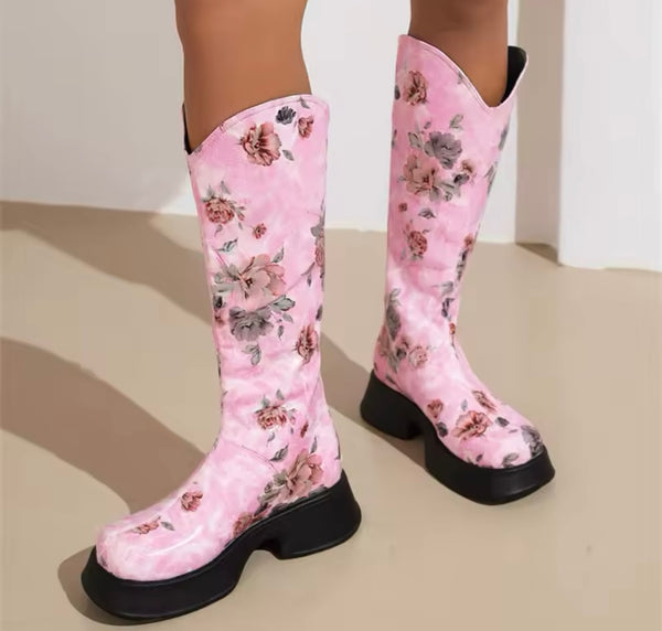 Women Fashion Color Floral Knee High Boots