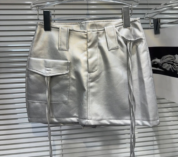 Women Color Fashion Faux Leather Short Skirt