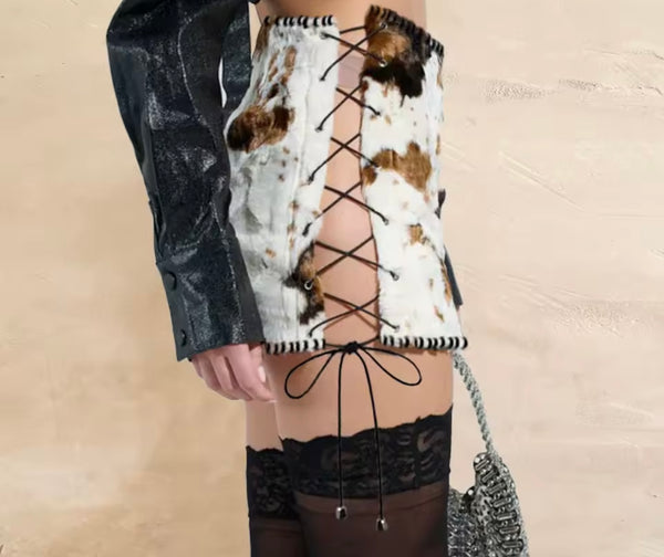 Women Animal Print Sexy Cut Out Lace Up Skirt
